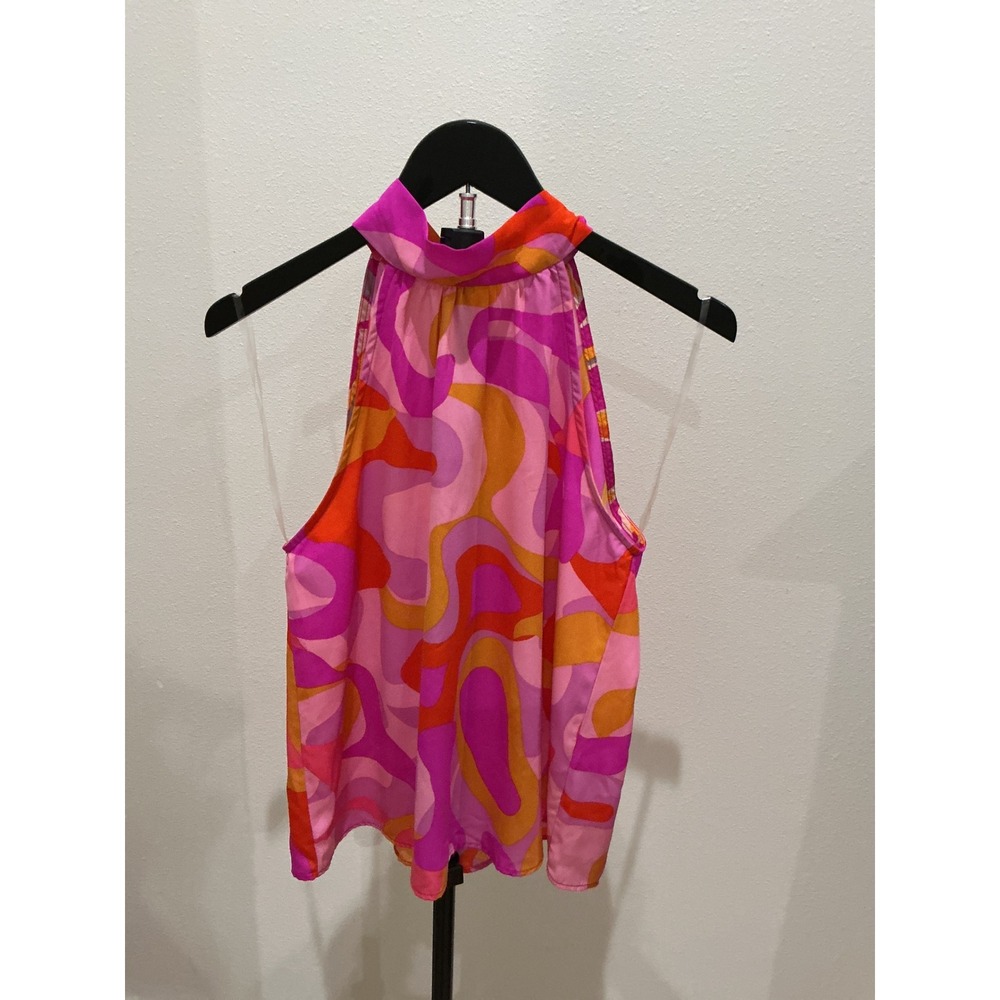 Tyche Pink Orange Psychedelic Swirl Halter Tie Neck Keyhole Blouse Small USA